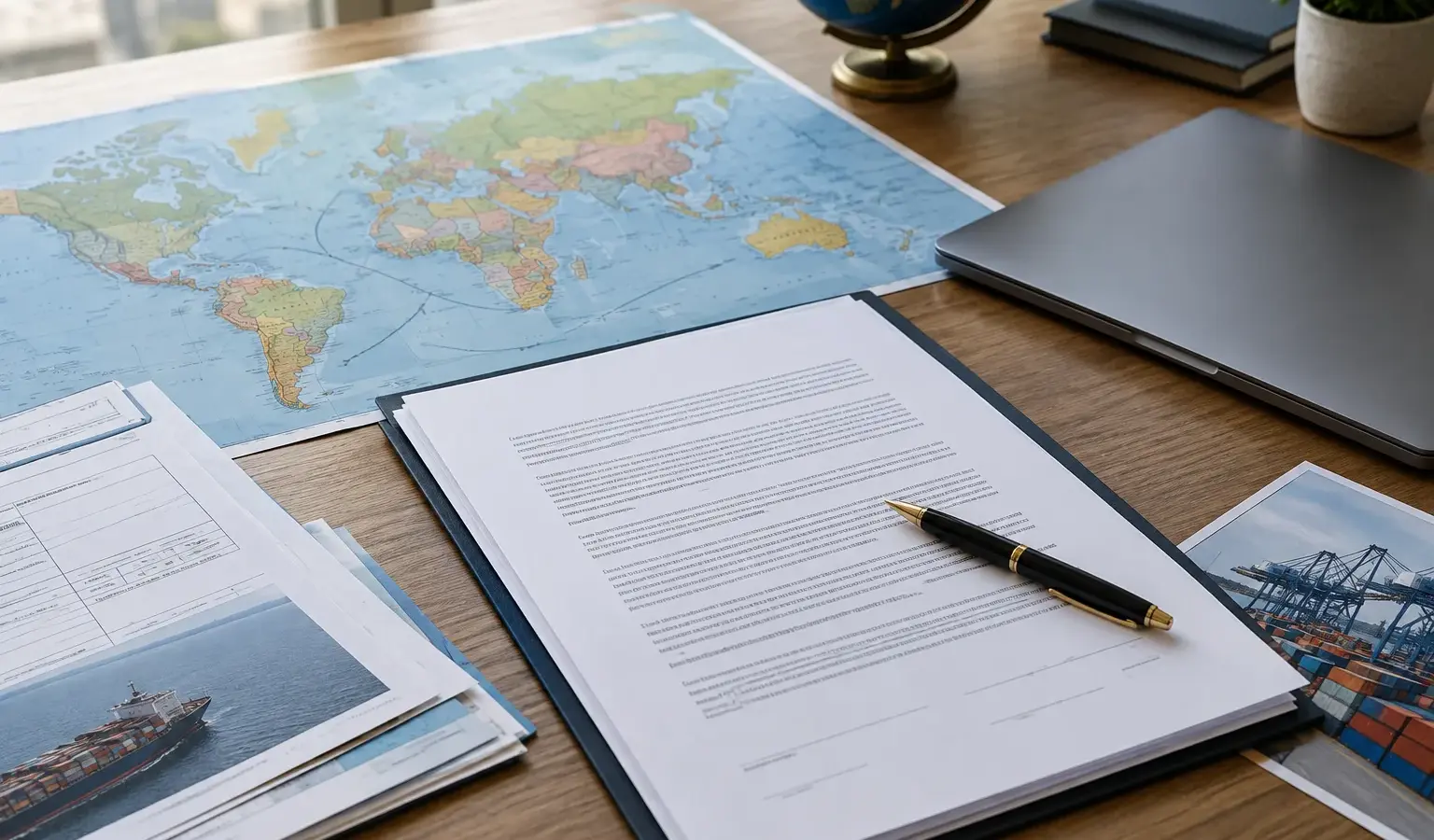Contrat et documents de transport disposés près d’une carte du monde.