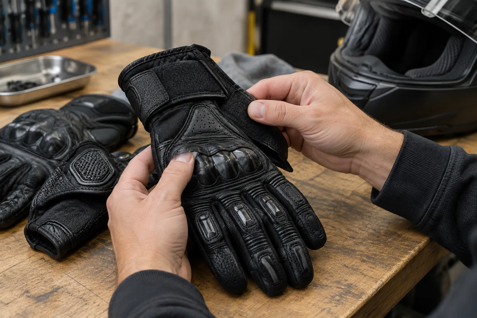 Une personne vérifie les coutures et les fermetures de gants de moto.
